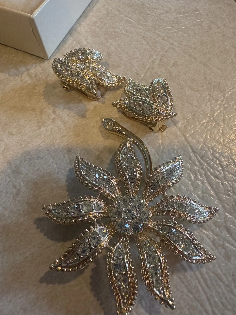 Vintage Gold and Clear Crystal Floral Brooch with Clip-On Earrings